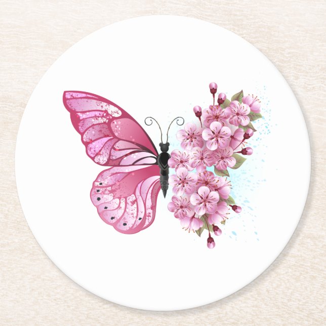 Flower Butterfly with Pink Sakura Round Paper Coaster (Front)