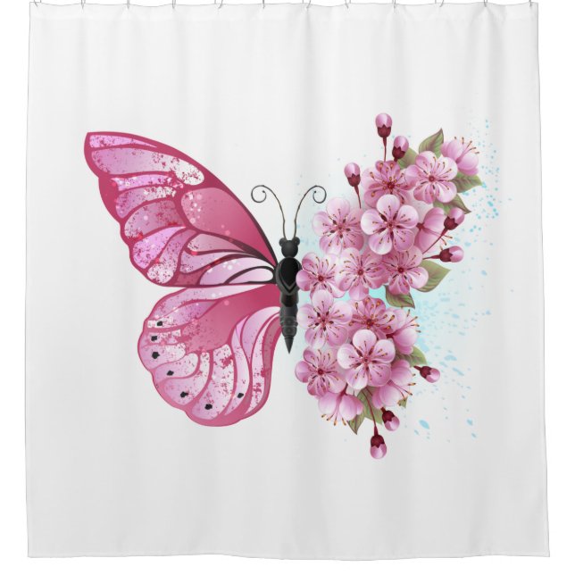 Flower Butterfly with Pink Sakura Shower Curtain (Front)