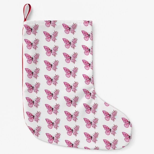 Flower Butterfly with Pink Sakura Small Christmas Stocking (Front)