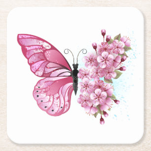 Flower Butterfly with Pink Sakura Square Paper Coaster