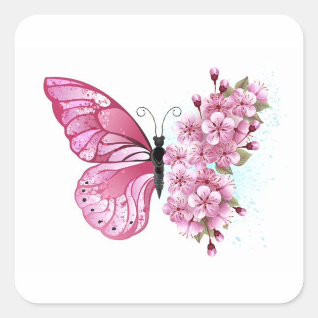 Flower Butterfly with Pink Sakura Square Sticker (Front)