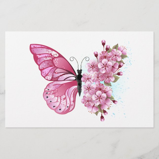 Flower Butterfly with Pink Sakura Stationery (Front)