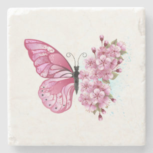 Flower Butterfly with Pink Sakura Stone Coaster