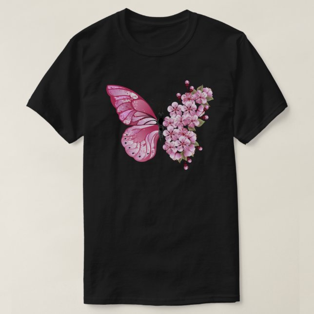 Flower Butterfly with Pink Sakura T-Shirt (Design Front)