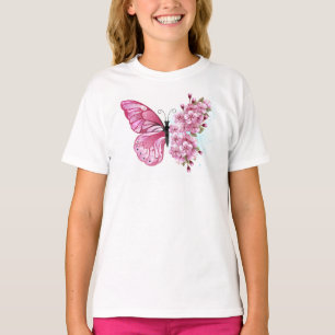 Flower Butterfly with Pink Sakura T-Shirt