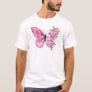 Flower Butterfly with Pink Sakura T-Shirt