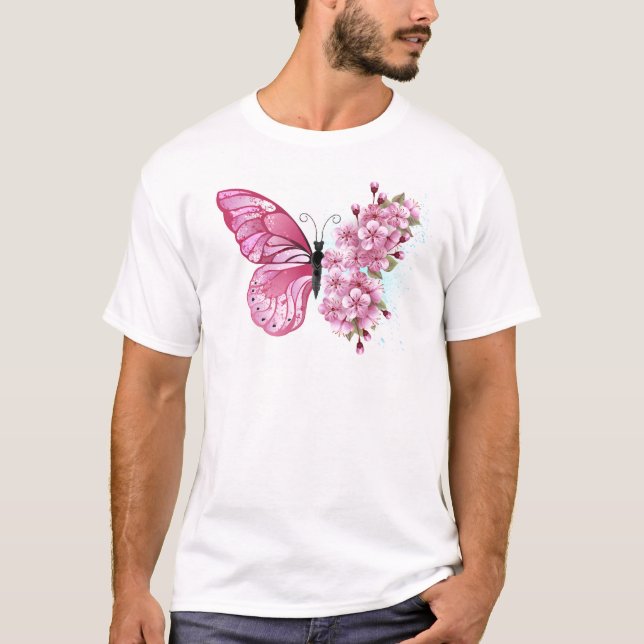 Flower Butterfly with Pink Sakura T-Shirt (Front)