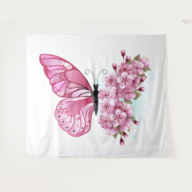 Flower Butterfly with Pink Sakura Tapestry (Front (Horizontal))