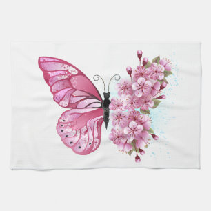 Flower Butterfly with Pink Sakura Tea Towel