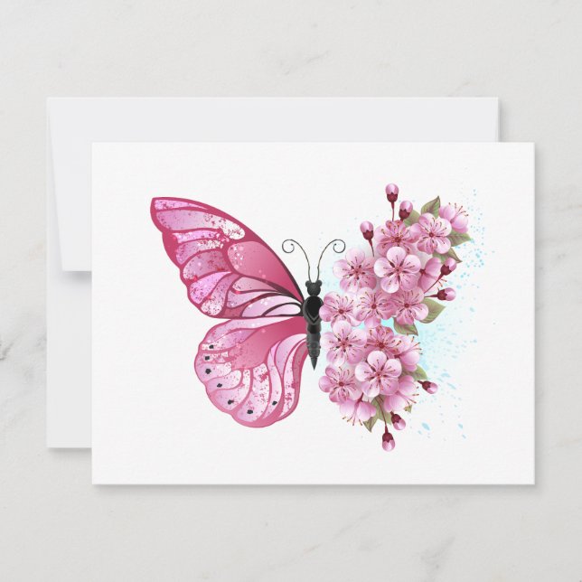 Flower Butterfly with Pink Sakura Thank You Card (Front)