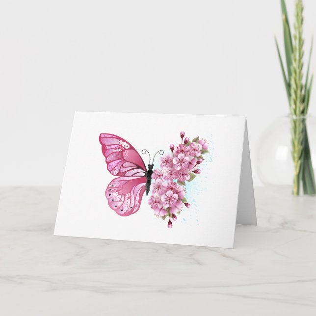 Flower Butterfly with Pink Sakura Thank You Card (Front)