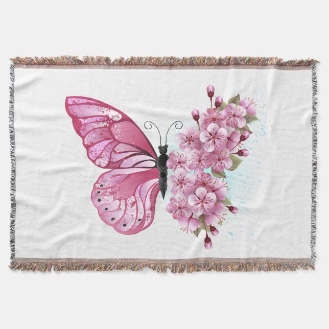 Flower Butterfly with Pink Sakura Throw Blanket (Front)