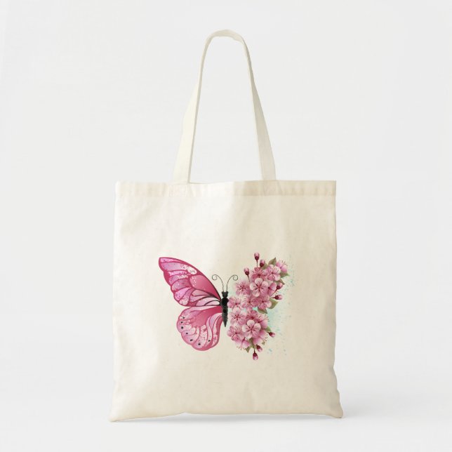 Flower Butterfly with Pink Sakura Tote Bag (Front)