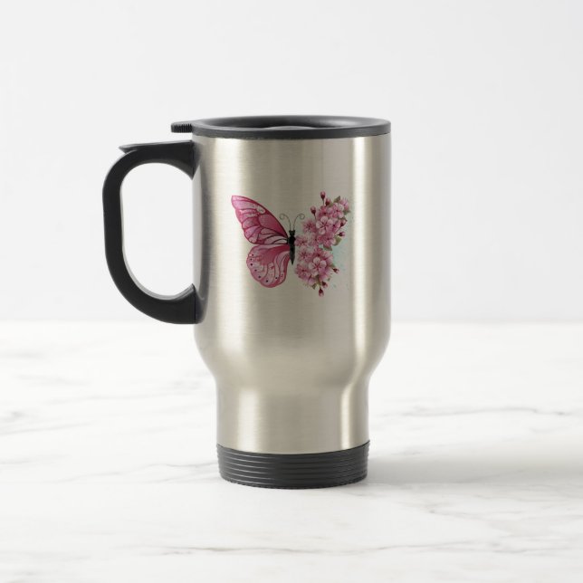 Flower Butterfly with Pink Sakura Travel Mug (Left)
