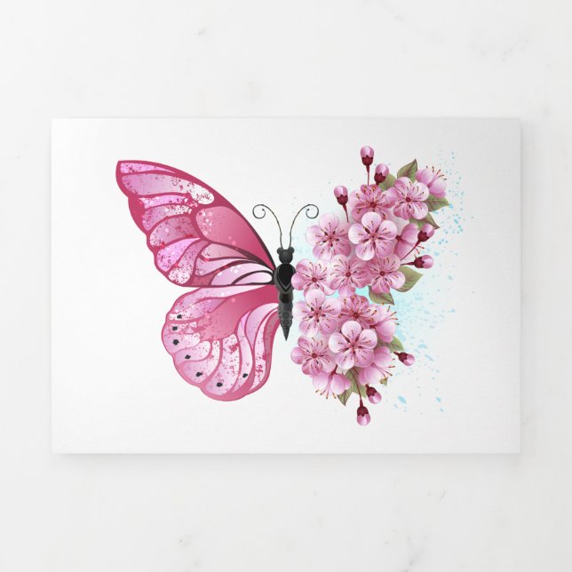 Flower Butterfly with Pink Sakura Tri-Fold Announcement (Cover)
