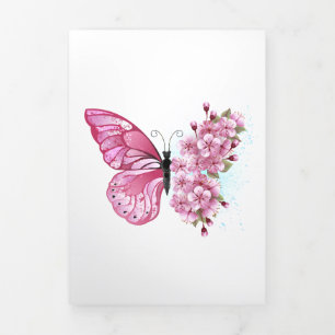 Flower Butterfly with Pink Sakura Tri-Fold Holiday Card