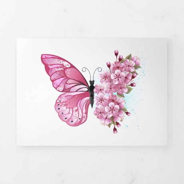 Flower Butterfly with Pink Sakura Tri-Fold Invitation (Cover)