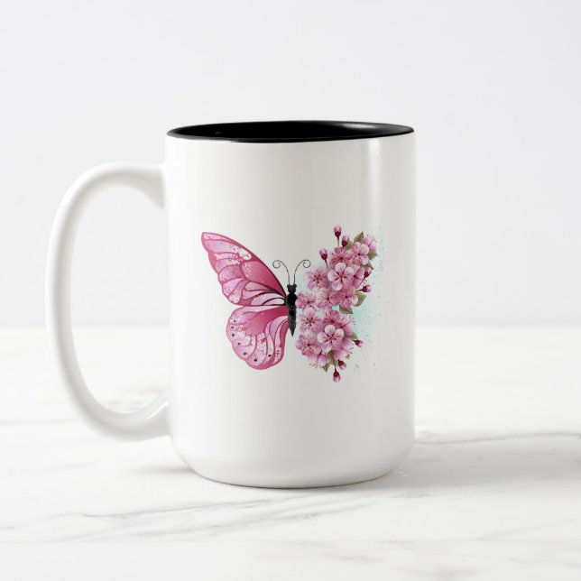 Flower Butterfly with Pink Sakura Two-Tone Coffee Mug (Left)