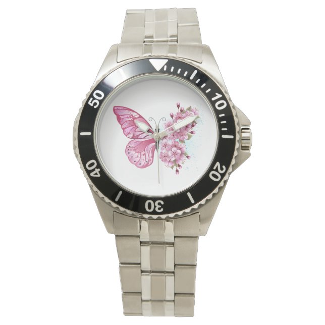 Flower Butterfly with Pink Sakura Watch (Front)
