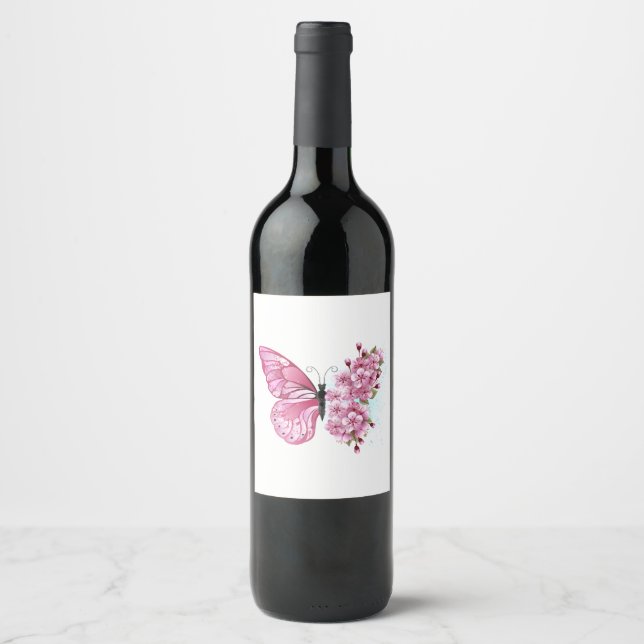 Flower Butterfly with Pink Sakura Wine Label (Front)