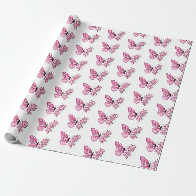 Flower Butterfly with Pink Sakura Wrapping Paper (Unrolled)