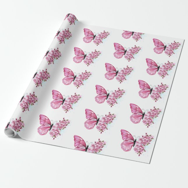 Flower Butterfly with Pink Sakura Wrapping Paper (Unrolled)