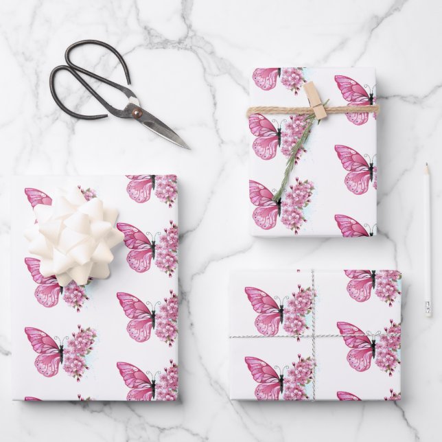 Flower Butterfly with Pink Sakura Wrapping Paper Sheet (Front)