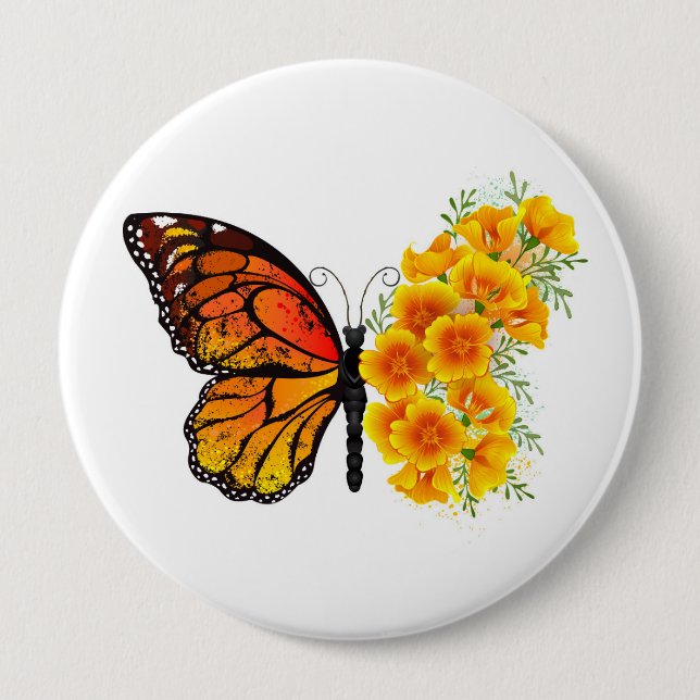 Flower Butterfly with Yellow California Poppy 10 Cm Round Badge (Front)