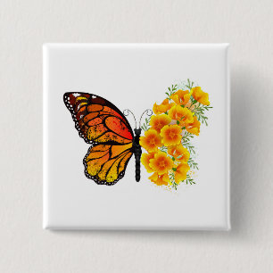 Flower Butterfly with Yellow California Poppy 15 Cm Square Badge