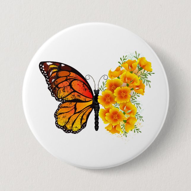 Flower Butterfly with Yellow California Poppy 7.5 Cm Round Badge (Front)