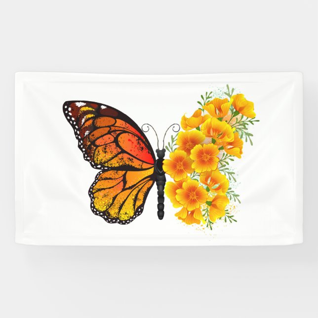 Flower Butterfly with Yellow California Poppy Banner (Horizontal)