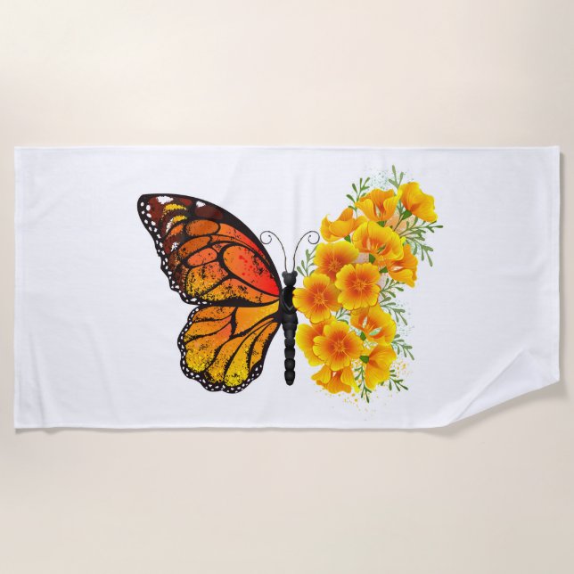 Flower Butterfly with Yellow California Poppy Beach Towel (Front)