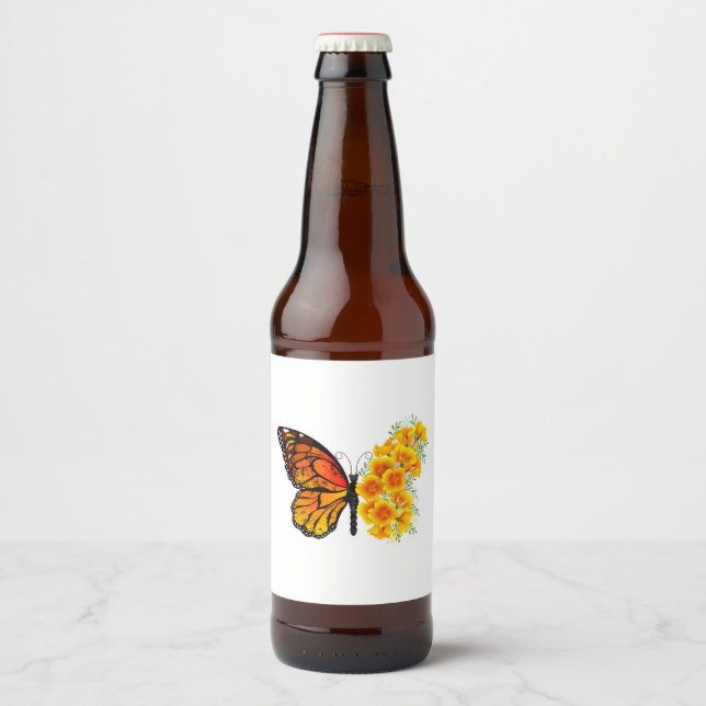 Flower Butterfly with Yellow California Poppy Beer Bottle Label (Front)