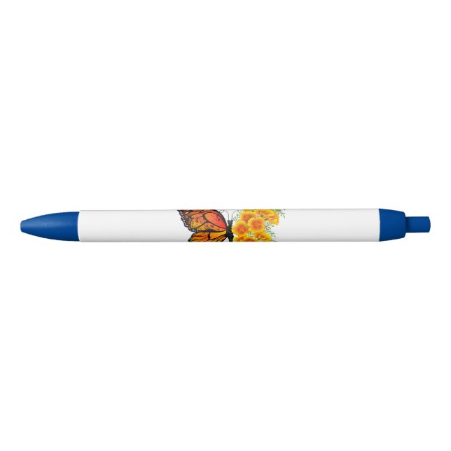 Flower Butterfly with Yellow California Poppy Black Ink Pen (Front)