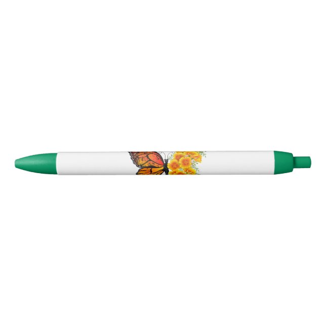 Flower Butterfly with Yellow California Poppy Black Ink Pen (Front)