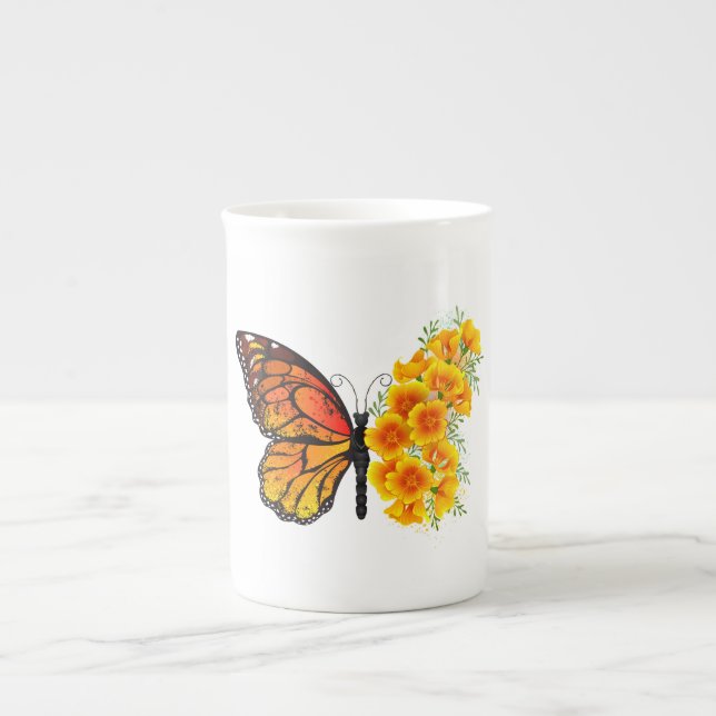 Flower Butterfly with Yellow California Poppy Bone China Mug (Front)