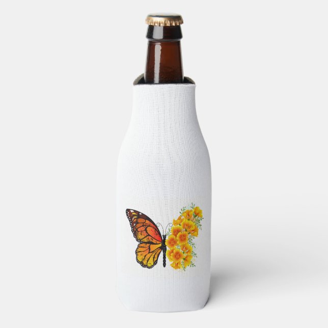 Flower Butterfly with Yellow California Poppy Bottle Cooler (Bottle Front)