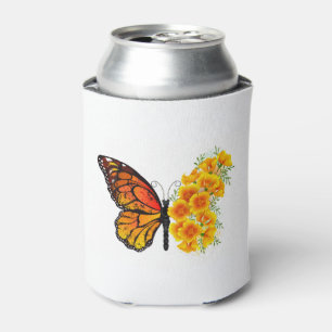 Flower Butterfly with Yellow California Poppy Can Cooler