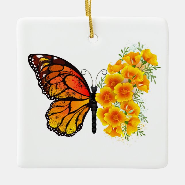 Flower Butterfly with Yellow California Poppy Ceramic Ornament (Front)