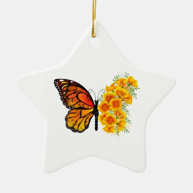 Flower Butterfly with Yellow California Poppy Ceramic Tree Decoration (Front)
