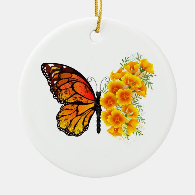 Flower Butterfly with Yellow California Poppy Ceramic Tree Decoration (Front)