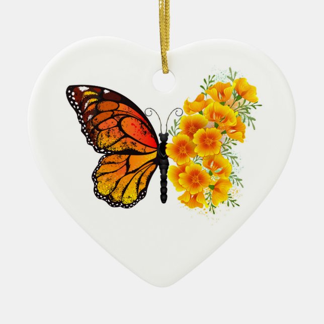 Flower Butterfly with Yellow California Poppy Ceramic Tree Decoration (Front)