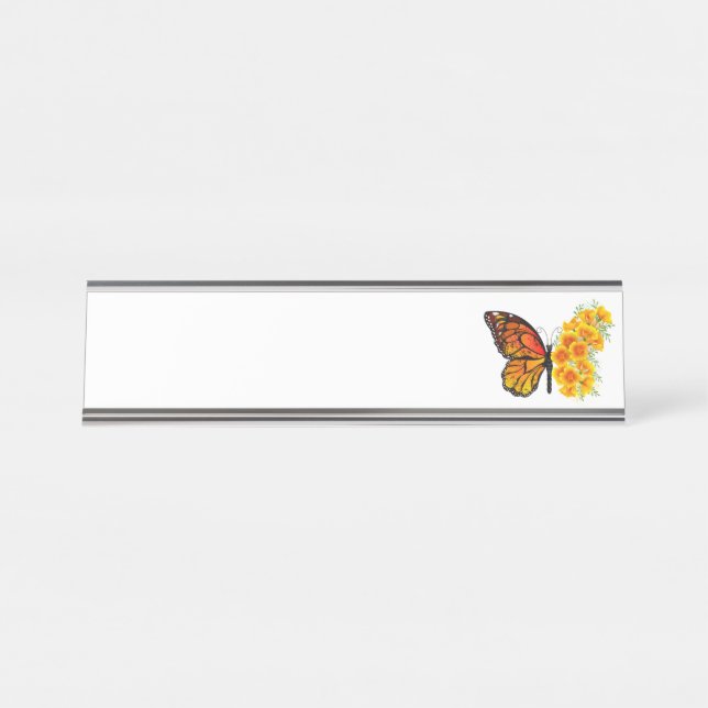 Flower Butterfly with Yellow California Poppy Desk Name Plate (Front)