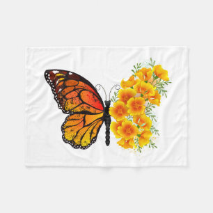 Flower Butterfly with Yellow California Poppy Fleece Blanket