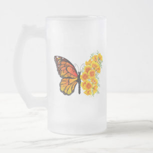 Flower Butterfly with Yellow California Poppy Frosted Glass Beer Mug