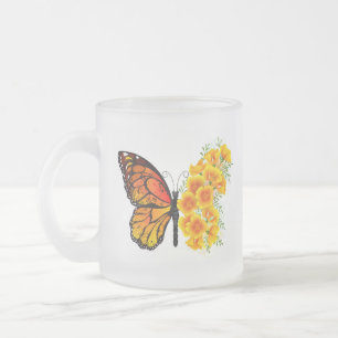 Flower Butterfly with Yellow California Poppy Frosted Glass Coffee Mug