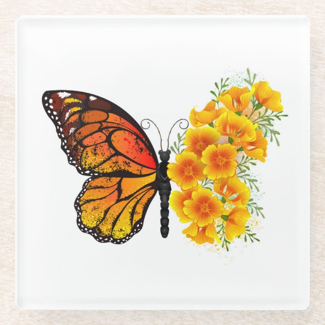 Flower Butterfly with Yellow California Poppy Glass Coaster (Front)