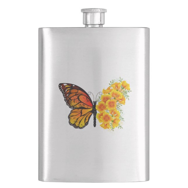 Flower Butterfly with Yellow California Poppy Hip Flask (Front)