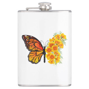 Flower Butterfly with Yellow California Poppy Hip Flask