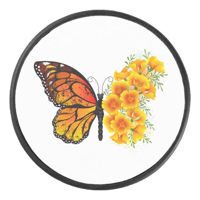 Flower Butterfly with Yellow California Poppy Hockey Puck (Front)